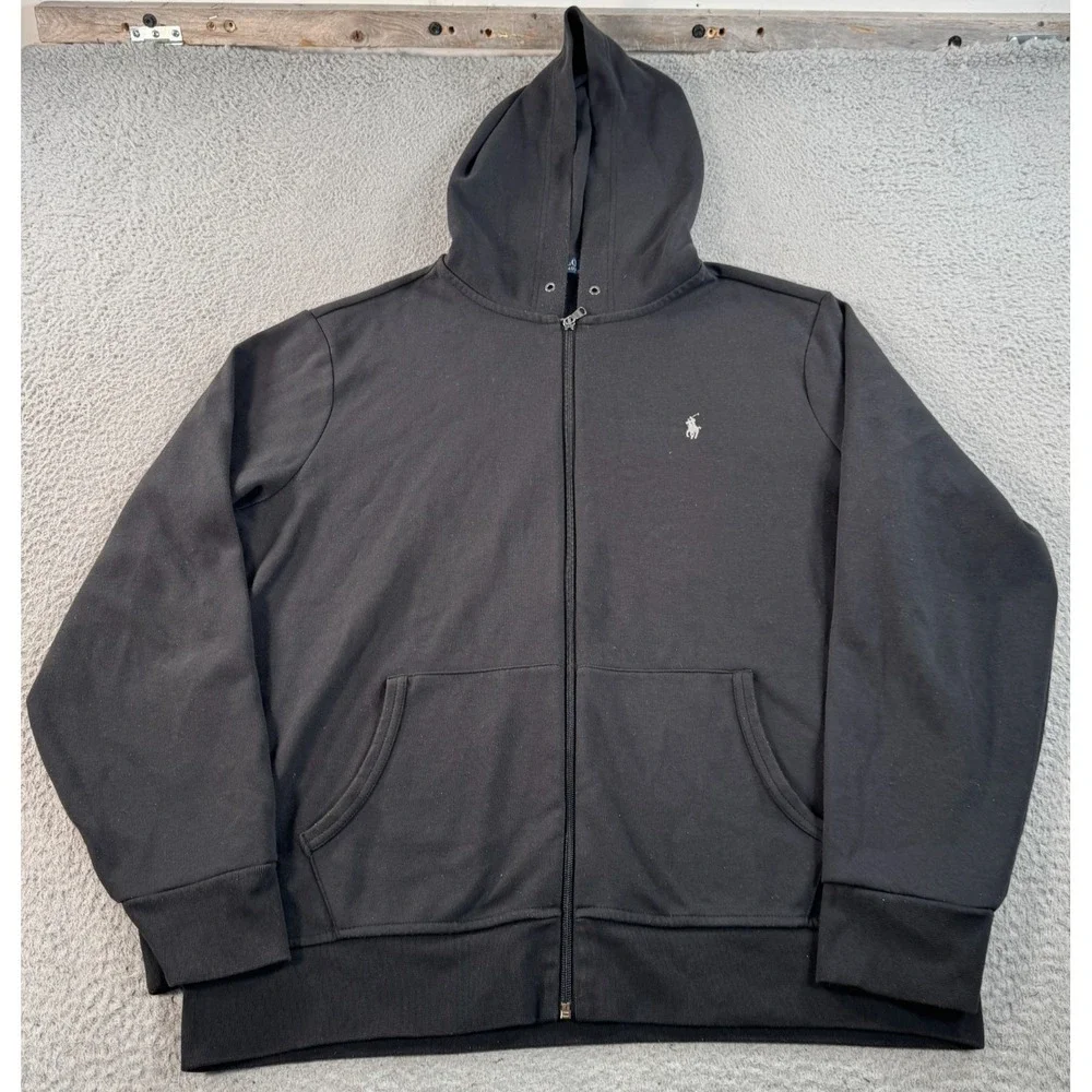 Polo Ralph‎ Lauren Hoodie Men's XL Black Double Knit Full-Zip Sweatshirt Pony